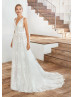 V Neck Ivory Floral Lace Tulle Simple Wedding Dress